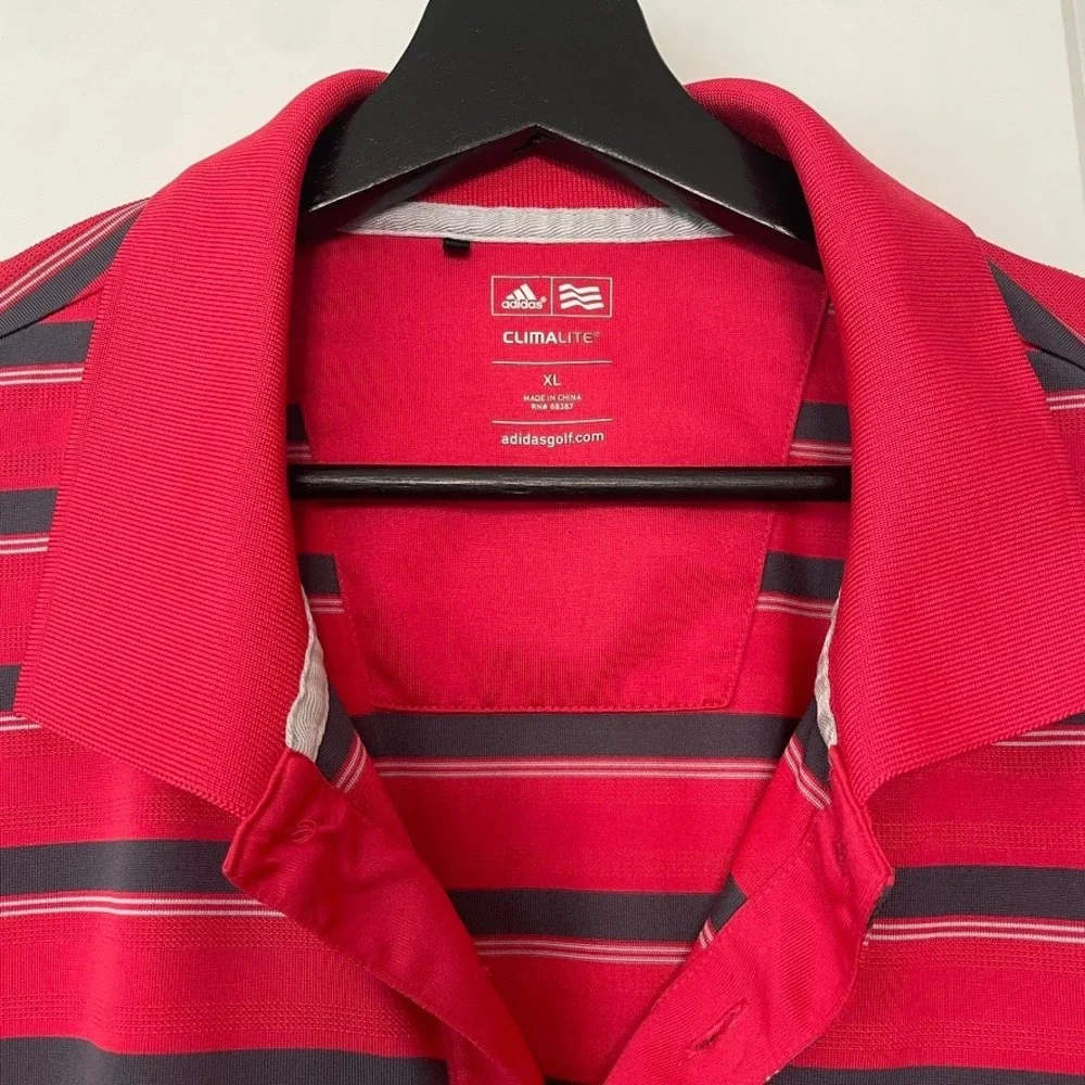 Adidas Men's Golf Climalite Polo Shirt Red Navy Blue Striped Short Sleeve XL